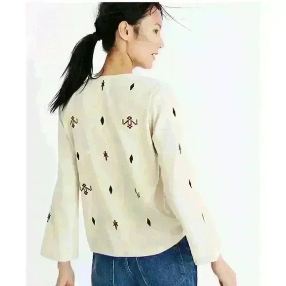Madewell Beige Silk Red Embroidered Aztec Print Tassel Poms Top. Size XXS - Picture 3 of 13